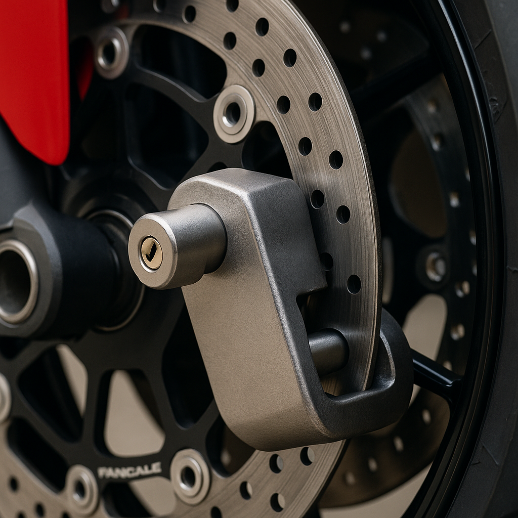 Blocco freno a disco moto in primo piano.