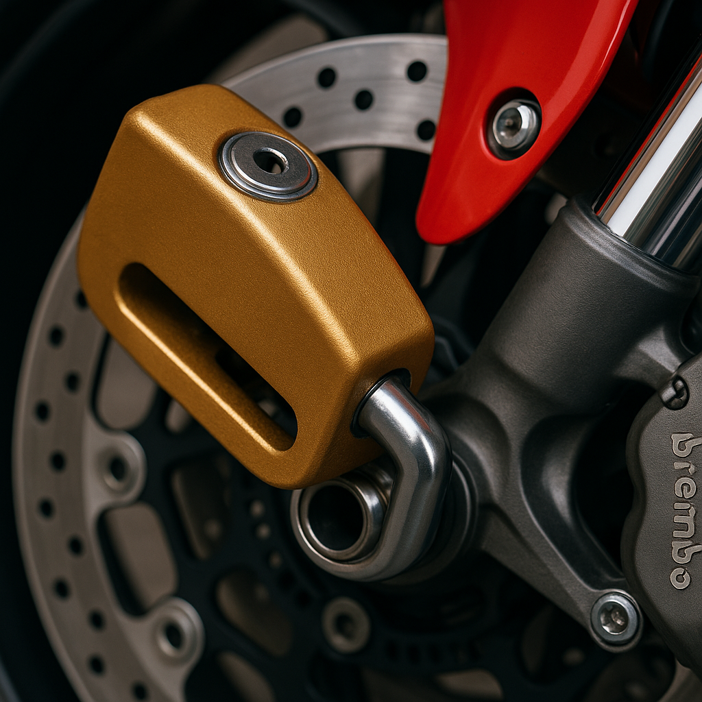 Dettaglio freno disco moto arancione e rosso.