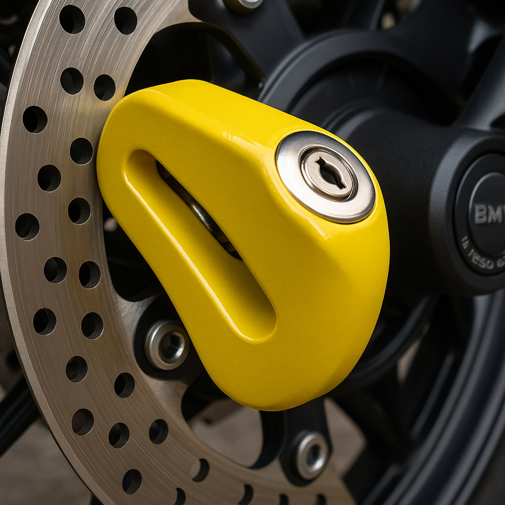 Blocco antifurto giallo su freno a disco moto