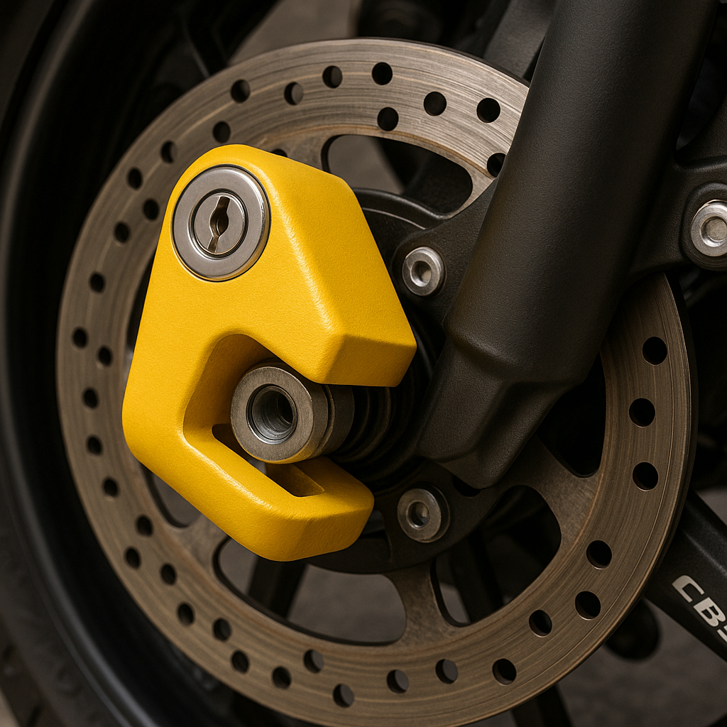 Bloccadisco giallo su freno a disco moto
